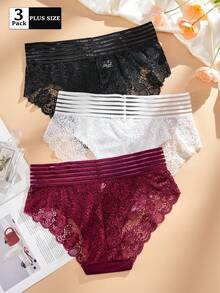 FOVTY 3pcs/Pack Solid Color Lace Trim Elastic Plus Size Women's Briefs - Multicolor - View 2