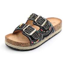 Womens Slides With Cork Footbed Open Toe Adjustable Webbing Flat Sandals For Walking | Beach | Indoor POWDER-03 - 黑色 - 查看 7