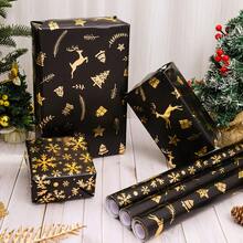 1 Rolle 5m/10m Weihnachtsgeschenkpapier mit Foliendesign, Retro Schwarz & Gold Rentier, Schneeflocke, Weihnachtsbaum
