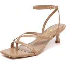 Athlefit Women's Strappy Square Toe Flip Flop Sandals With Low Kitten Heel & Ankle Strap - Perfect For Party & Dressy Occasions - 駝色 - 查看 1