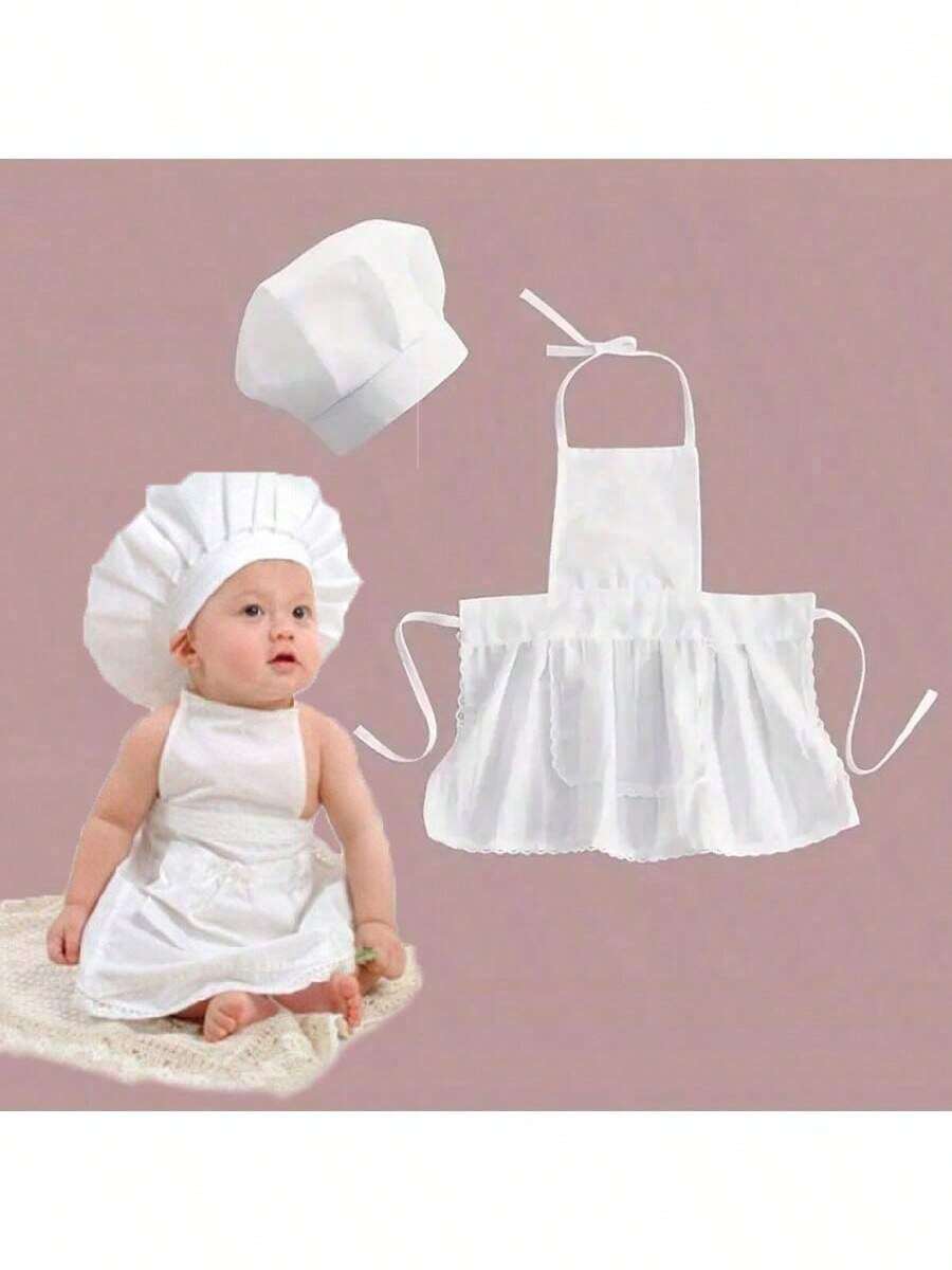 白色婴儿厨师服 - 烹饪围裙和帽子套装，适合男孩和女孩的婴儿摄影道具服装，首次厨师体验 - 彩色 - 查看 1