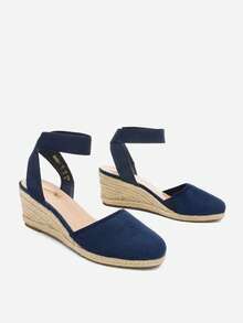 Women's Elastic Ankle Strap Espadrilles Wedge Sandals - Blue - View 8