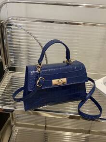 Bolso cuadrado de mano de moda mini unicolor de PU con solapa - Azul Marino - Ver 8