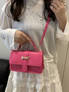 2025 Autumn New Women Handbag Crocodile Embossed Purse Shoulder Bag Solid Color Square Crossbody Bag - Hot Pink - View 7