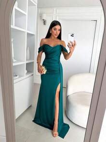 Simple Side Slit Ruffle Criss Cross Wedding - Verde Oscuro - Ver 2