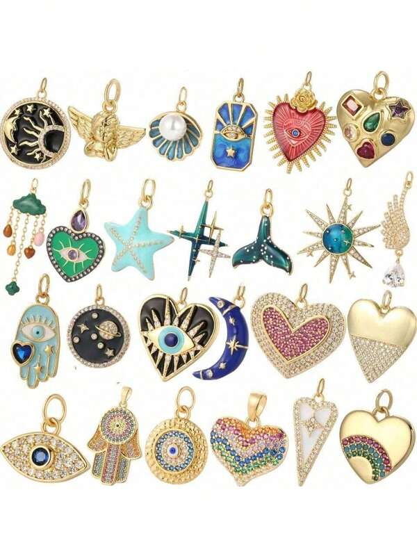 1 pieza Colgante DIY con diseño de ojo azul malvado, cola de flor, sol y luna, colgante DIY con forma de corazón dorado de estilo bohemio lindo, decoración de joyería de Halloween