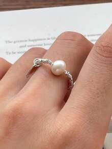 A Pure Silver Broken Silver Natural Pearl Ring For Women's Lucky Hang Tag Elastic Rope Ring - Silver - View 7