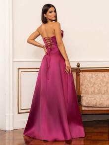 LONG WEDDING PARTY DRESS FOR GODMOTHER, STRAP-FIT, SATIN WITH SEQUINS - FUCHSIA - View 2