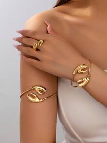 3 件夏季海洋生物蟹爪设计袖口手镯和戒指套装，金属上臂袖口，女士龙虾首饰套装适合海滩度假、日常佩戴 - 金色 - 查看 1