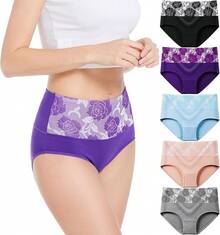 Women's Cotton High Waist Tummy Control Panties Jacquard Ladies Panty Multipack - Comfort - 簡訊 02 - 5 條裝 - 多種顏色 - 查看 1