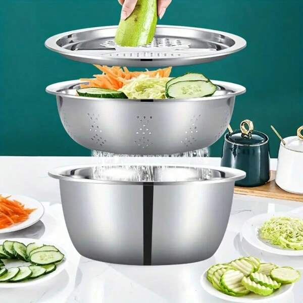 3pcs Vegetable Tools Stainless Steel Shredder And Slicer Potato Scrubber Multi-Functional Drainer Basket Vegetable Wash Basin Drainer Basket Metal Kitchen Kit Multi-Functional Vacuum And Drainer Basket With Integrated Shredder Shredding And Chopping Vegetables Living Room Essentials