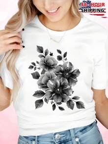 Black And White Flower Bouquet Drawing Womens T Shirt Casual Floral Print Graphic Tee Soft Stylish Gift  Fashion Summer - White - View 1