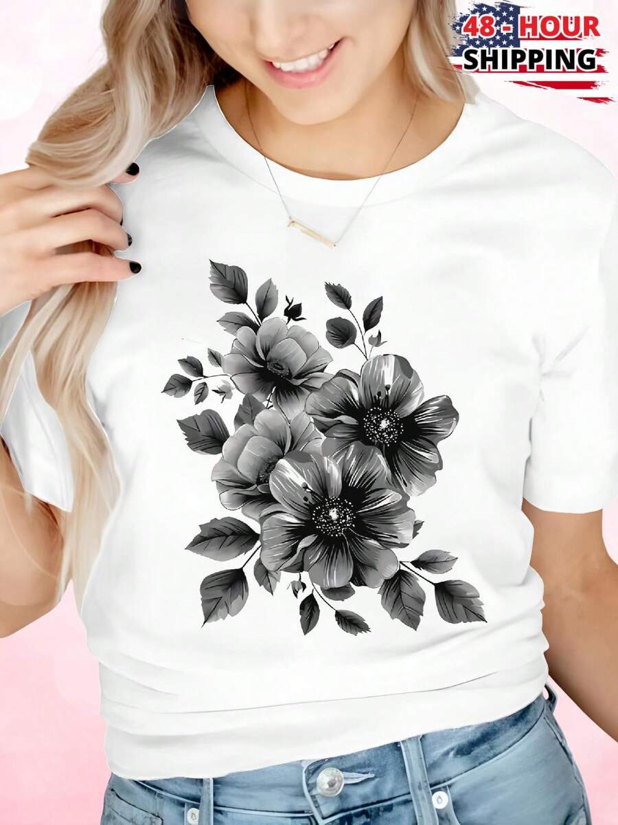 Black And White Flower Bouquet Drawing Womens T Shirt Casual Floral Print Graphic Tee Soft Stylish Gift  Fashion Summer - White - View 1