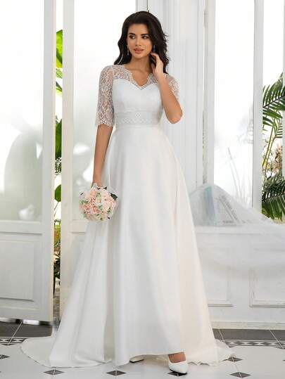 Elasola Women's Bridal Wedding Dress, Lace Short Sleeved V-Neck Satin Floor Length Elegant Dress, Formal Dinner Dress