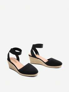 Women's Elastic Ankle Strap Espadrilles Wedge Sandals - Black Knit - View 8