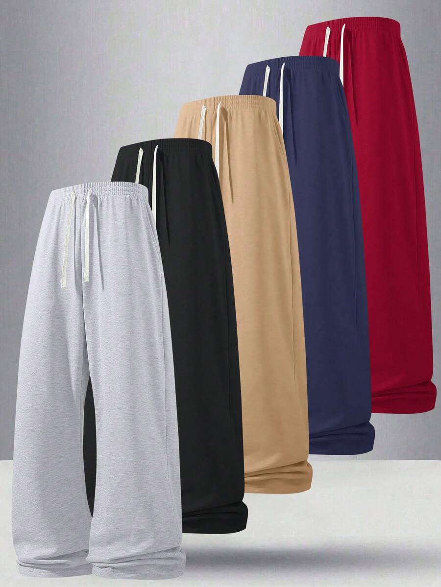Calças largas masculinas de 5 peças, calças casuais com cordão na cintura e bolsos, estilo jovem de rua, estilo esportivo universitário - Multicolorido - Ver 1