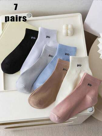 1/7 Pair(Random Shipping) Women Candy Color Letter Pattern Low Cut & Mid Calf Socks, Versatile, Suitable For Daily Wear