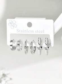 6pcs Elegant Zirconia Hoop Earrings Set, Stainless Steel