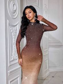 QOQ Vestido de noche largo de gala de lujo con mangas largas, cuello alto, pedrería, diseño de cola de sirena y borde de rhinestones para bodas, eventos de verano y cócteles