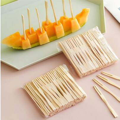 500支装水果叉，鸡尾酒叉，开胃菜叉，小型木制水果叉，双齿心形竹签，竹制水果叉，家用厨房，派对，户外露营配件，50/100/300/500支装