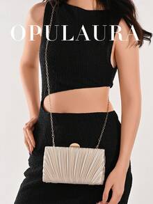 OpulAura 1 件复古优雅缎面宴会手拿包，褶皱设计时尚晚会钱包，迷人精致的正式场合手提包，高端盒形小包，适合派对/婚礼/正式晚宴，配有链条肩带，可单肩/斜挎 - 杏色 - 查看 9
