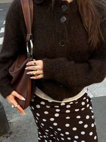 Just Masa 女士冬季毛衣，棕色，休闲优雅宽松圆领长袖纽扣开衫毛衣