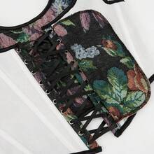 Womens Vintage 1920s Renaissance Lace Trim Corset Bustier, Retro Fashion - 黑色蝴蝶結 - 查看 5