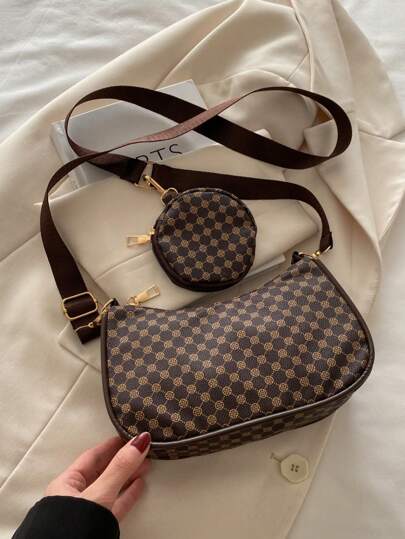 Mini Geometric Pattern Square Bag With Coin Purse All Over Retro Pattern Square Bag, Classic Women's Crossbody Bag With Hanging Purse , Women Bag With Dime Bag