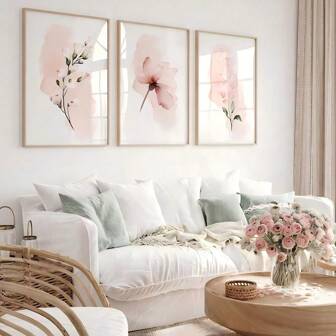 1/3 件套，粉色花卉印刷海报，花卉印刷品，粉色墙壁艺术，送给她的礼物，卧室印刷品，家居装饰，客厅，床上方，可选框架