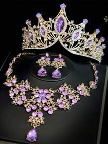 Set de 3 piezas de corona y accesorios para el cabello de novia, incluyendo aretes y collar - Joyería de princesa de estilo barroco de aleación, apta para boda, fiesta, novia, accesorios de graduación