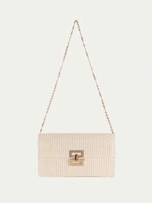 女士扭锁翻盖草编沙滩包链条编织钱包手包