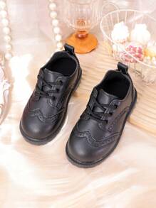 Flat Bottom Leather Shoes For Baby, Toddler, Little Kids - Round Toe, Lace-Up Cute Dance/School Shoes For Girls - Black - View 2