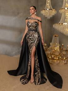 Faeriesty Faeriesty Gorgeous Beaded Sequin Evening Gown With Floral Beading Embroidery & Dramatic Slit Detail, Back Fluid Satin Overlay For High-End Parties, Black Tie Affairs & Urban Fashion Events