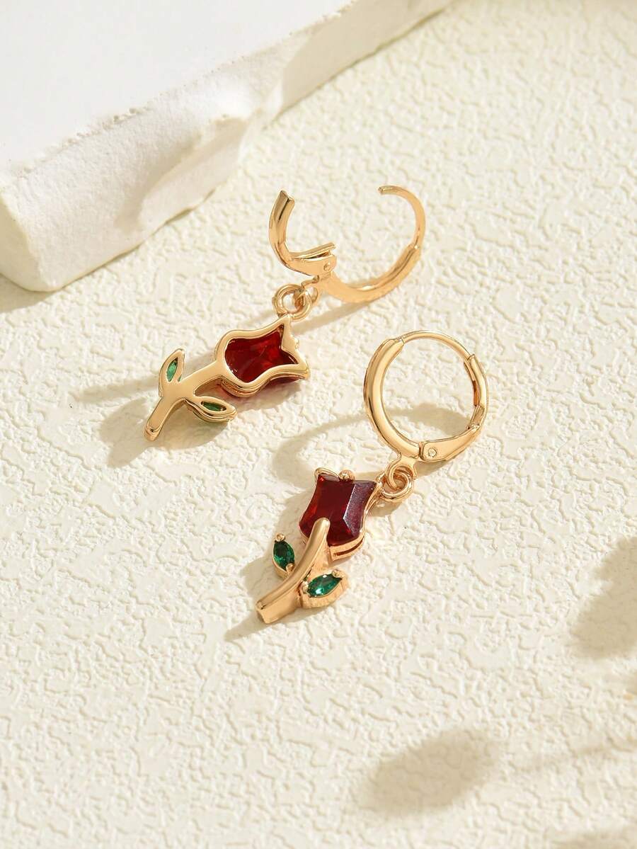 1 Pair French Fashion Copper Inlaid Cubic Zirconia Rose Flower Hoop Earrings For Women - Multicolor - View 1