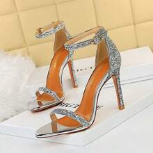 European And American Fashion Sexy Nightclub Summer High Heels Stilettos Super High Heels Shiny Sequins One-Strap Sandals