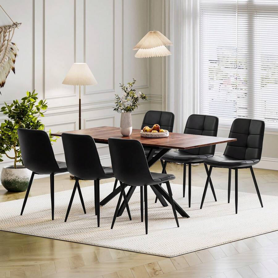 Extendable Dining Table And Chairs Set 6, 120-160cm Wood Grain Table With 6 Black Upholstered PU Leather Chairs For Dining Room, Kitchen - Wood Grain Dining Table + 6 PU Black Chairs - View 1