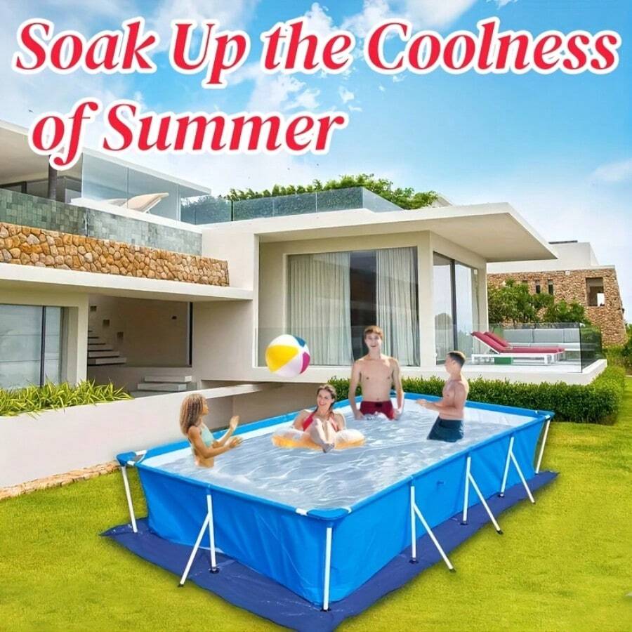 Premium PE Square Pool Cover - Durable Protective Film For Swimming Pools Above-Ground Pool Heat Insulation Cover - Durable PE Bubble Film, Dustproof, All-Season Protection For Pools & Spas, Blue & White Design, Easy To Install With Rope And Fittings Included, Pool Cover Accessories Blue Square Above Ground Pools Cover With Frame