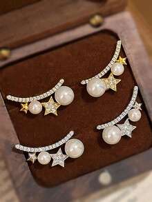 1 件优雅的法式人造珍珠星形耳环，镶嵌锆石，精致百搭的时尚设计个性化耳环适合女性日常、节日、派对穿着，是送给好朋友的理想礼物