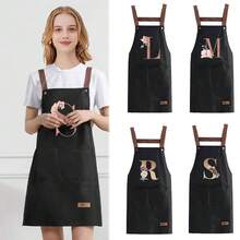 1 件套家用厨房围裙 - 可调节肩带设计，大前口袋成人男女烹饪耐用围裙，四季创意字母 A-Z 印花围裙轻薄围裙餐厅店服务员工作制服 - 黑色 - 查看 1