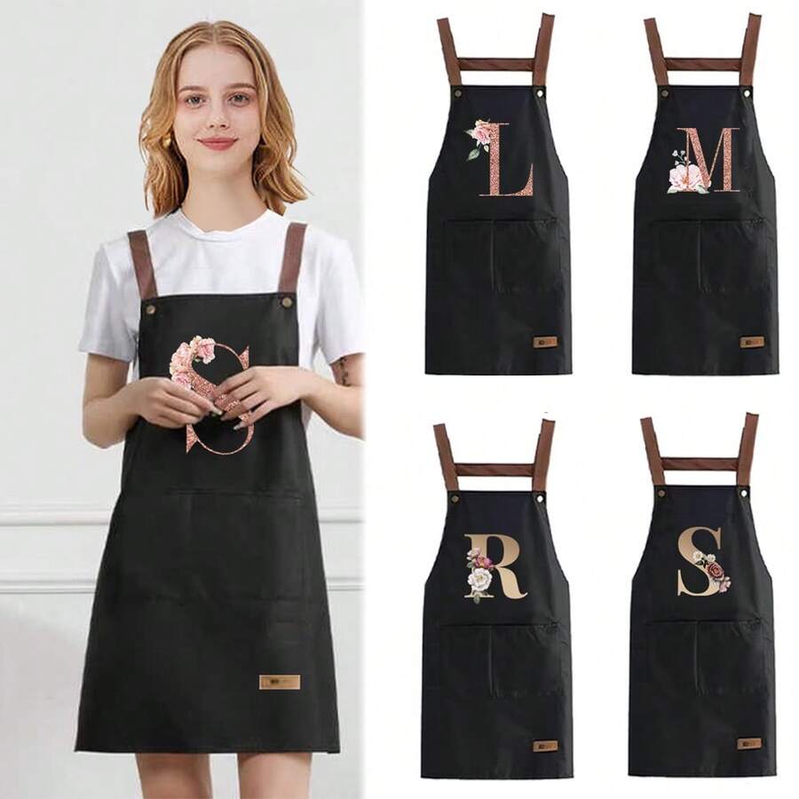 1 件套家用厨房围裙 - 可调节肩带设计，大前口袋成人男女烹饪耐用围裙，四季创意字母 A-Z 印花围裙轻薄围裙餐厅店服务员工作制服 - 黑色 - 查看 1