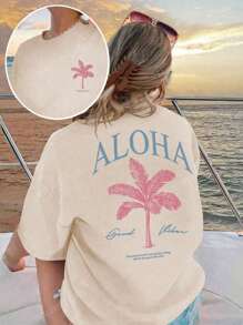 Damen Frühlings- und Sommerneu Palmenbaum Slogan-Muster Tägliches Lässig Rundhals Kurzarm T-Shirt Modischer Urlaubsstil, tägliche Notwendigkeit. Grafik T-Shirts Frauen Weißes Top Schwarzes Top Rosa Top Urlaubsoutfits Frauen