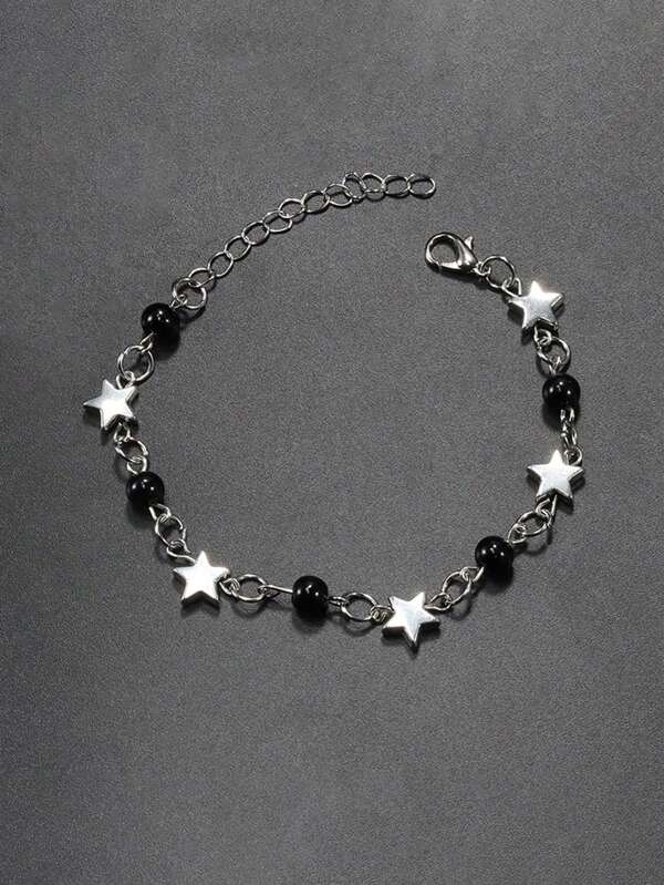 1 pieza Brazalete de mujer estilo punk negro con estrella de cinco puntas de perla falsa