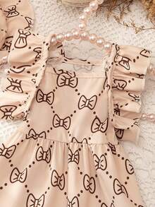 Cute Cat & Dog Allover Print Hooded Jumper Dress With Bow Decor - Apricot - View 7