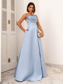 LONG WEDDING PARTY DRESS FOR GODMOTHER, STRAP-FIT, SATIN WITH SEQUINS - 寧靜藍 - 查看 1