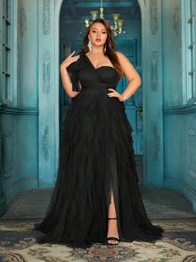 QOQ Robe de soirée formelle d'été élégante et pour grande taille. Convient pour les dîners, événements formels, cocktails, anniversaires, galas. Couleur unie, col asymétrique, fendu - Noir - Voir 1