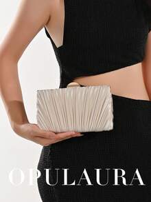 OpulAura 1 件复古优雅缎面宴会手拿包，褶皱设计时尚晚会钱包，迷人精致的正式场合手提包，高端盒形小包，适合派对/婚礼/正式晚宴，配有链条肩带，可单肩/斜挎 - 杏色 - 查看 8
