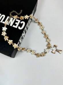 1 件花朵串珠十字架吊坠项链，时尚树脂项链适合女性日常佩戴，适用于派对、音乐节、表演穿着、珠宝礼物