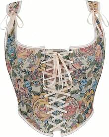 Womens Vintage 1920s Renaissance Lace Trim Corset Bustier, Retro Fashion - 奶油色蝴蝶結 - 查看 1