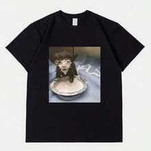 Milk Face Cat Meme Print T Shirt Weird Humor Funny Cat Graphic T-Shirts Men's Women Fashion Cotton Oversized T-Shirt Streetwear Cotton Shirt - màu đen - Xem 1