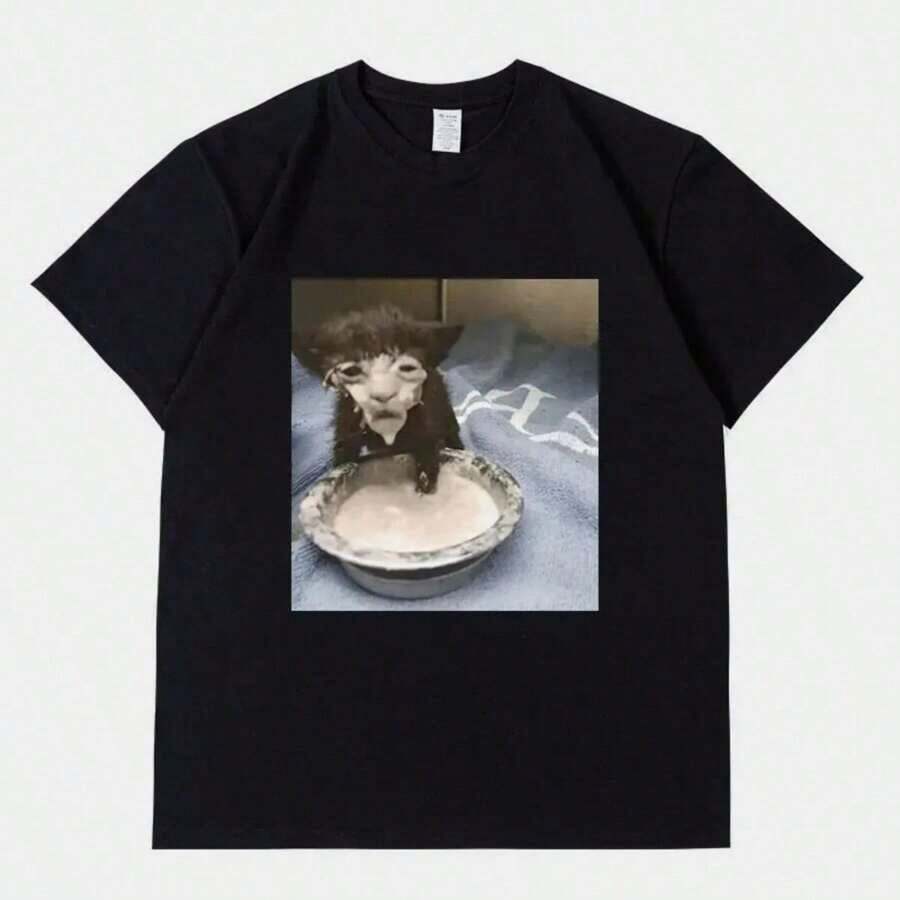 Milk Face Cat Meme Print T Shirt Weird Humor Funny Cat Graphic T-Shirts Men's Women Fashion Cotton Oversized T-Shirt Streetwear Cotton Shirt - màu đen - Xem 1